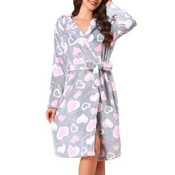 Women's Fleece Robe Heart Bow Patten Fluffy Fuzzy Warm Long Sleeve Hooded Nightgown Spa Bathrobe