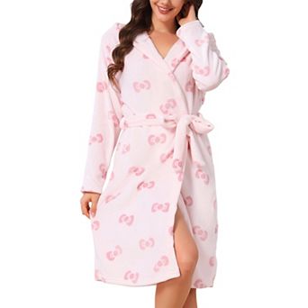 Women's Fleece Robe Heart Bow Patten Fluffy Fuzzy Warm Long Sleeve Hooded Nightgown Spa Bathrobe