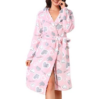 Women's Fleece Robe Heart Bow Patten Fluffy Fuzzy Warm Long Sleeve Hooded Nightgown Spa Bathrobe