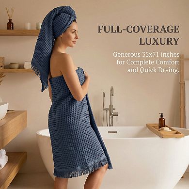 2 Packs Solid Cotton Waffle Bath Towel with Tassel Quick Dry Highly Absorbent Towel for Gym 71"x35"