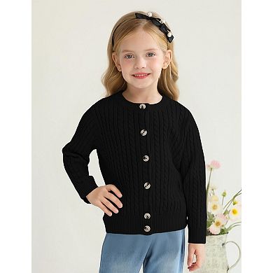Girls Button Front Cable Knit Cardigan Long Sleeve Cropped Kids Sweaters