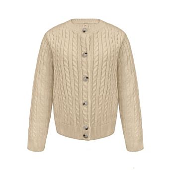 Girls Button Front Cable Knit Cardigan Long Sleeve Cropped Kids Sweaters