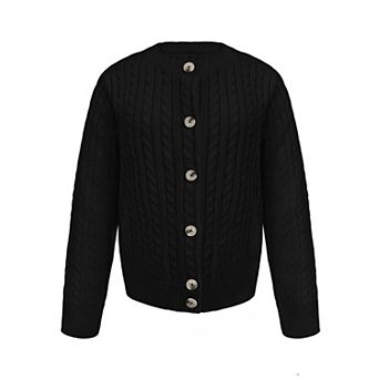 Girls Button Front Cable Knit Cardigan Long Sleeve Cropped Kids Sweaters