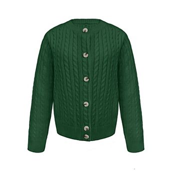 Girls Button Front Cable Knit Cardigan Long Sleeve Cropped Kids Sweaters