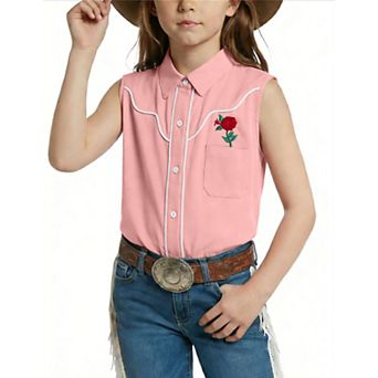 Girls Retro Cowgirl Western Shirts Sleeveless Button Down Casual Summer Collared Blouses