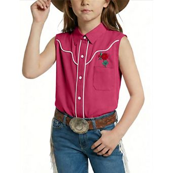 Girls Retro Cowgirl Western Shirts Sleeveless Button Down Casual Summer Collared Blouses