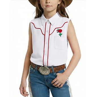 Girls Retro Cowgirl Western Shirts Sleeveless Button Down Casual Summer Collared Blouses