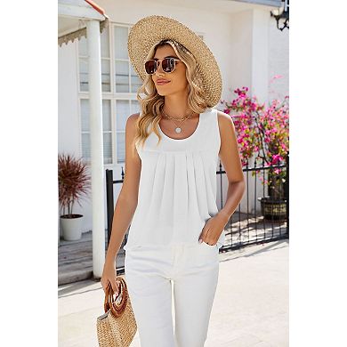 Women's Sleeveless Chiffon Tank Top Round Neck Pleated Solid Casual Blouse
