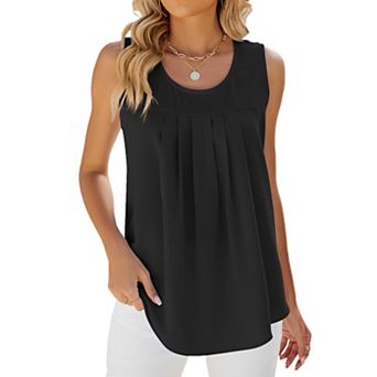 Women's Sleeveless Chiffon Tank Top Round Neck Pleated Solid Casual Blouse