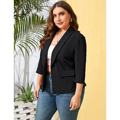Plus Size Open Front Blazer Women 3/4 Sleeve Pocketed Casual Office Work Suit Jacket