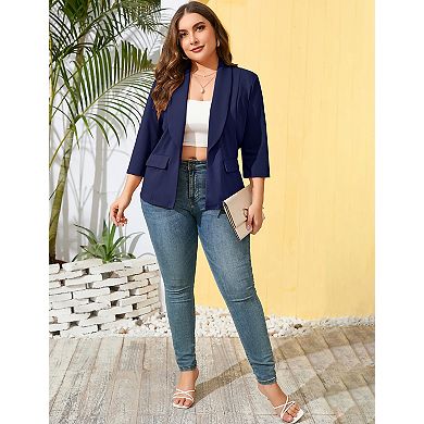 Plus Size Open Front Blazer Women 3/4 Sleeve Pocketed Casual Office Work Suit Jacket