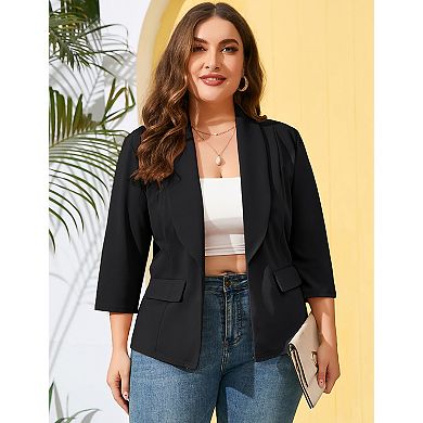 Plus Size Open Front Blazer Women 3/4 Sleeve Pocketed Casual Office Work Suit Jacket