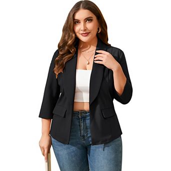 Plus Size Open Front Blazer Women 3/4 Sleeve Pocketed Casual Office Work Suit Jacket
