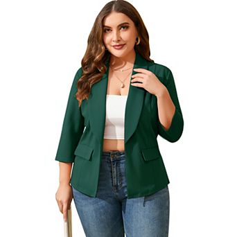 Plus Size Open Front Blazer Women 3/4 Sleeve Pocketed Casual Office Work Suit Jacket
