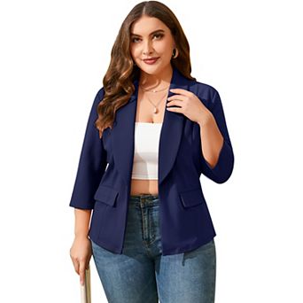 Plus Size Open Front Blazer Women 3/4 Sleeve Pocketed Casual Office Work Suit Jacket