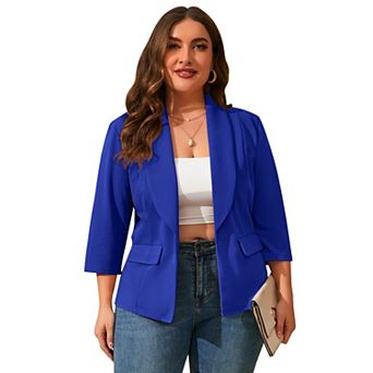 Plus Size Open Front Blazer Women 3/4 Sleeve Pocketed Casual Office Work Suit Jacket