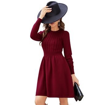 Women's Long Sleeve Crew Neck Knit Midi Dress A Line Sweater Dress