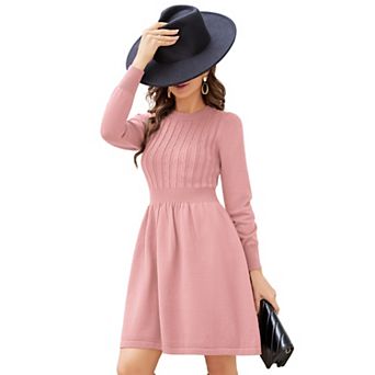 Women's Long Sleeve Crew Neck Knit Midi Dress A Line Sweater Dress