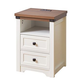 Farmhouse Side Table with Charging Station, Antique White Nightstand with 2 Drawers and Open Shelf