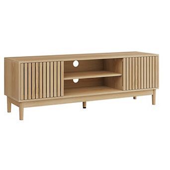 Mid-Century Modern 55-Inch TV Stand with Storage, Oak Finish