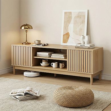 Mid-Century Modern 55-Inch TV Stand with Storage, Oak Finish