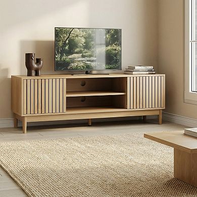 Mid-Century Modern 55-Inch TV Stand with Storage, Oak Finish