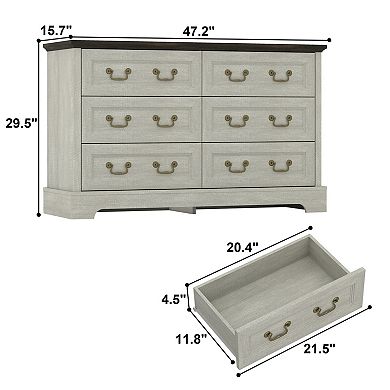 Farmhouse 6-Drawer Dresser, Rustic Grey, 47.2x15.7x29.4 in