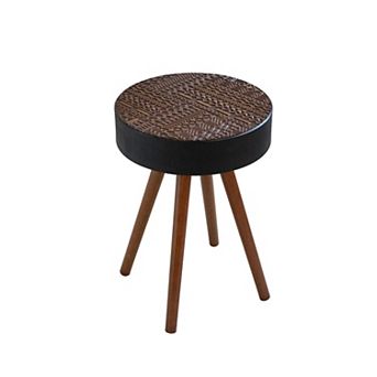 Modern 15.7-inch Round Coffee Table with Artistic Carved MDF Top and Solid Wood Legs