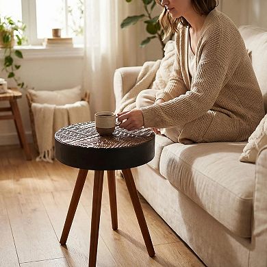Modern 15.7-inch Round Coffee Table with Artistic Carved MDF Top and Solid Wood Legs
