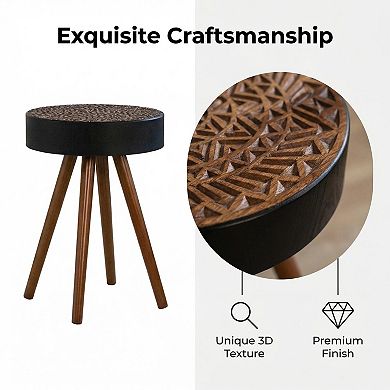 Modern 15.7-inch Round Coffee Table with Artistic Carved MDF Top and Solid Wood Legs