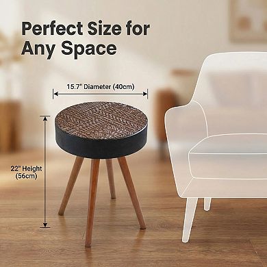 Modern 15.7-inch Round Coffee Table with Artistic Carved MDF Top and Solid Wood Legs