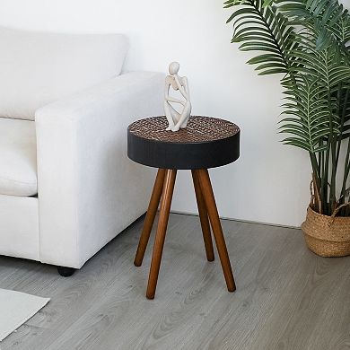 Modern 15.7-inch Round Coffee Table with Artistic Carved MDF Top and Solid Wood Legs
