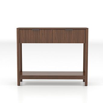 Mid-Century Modern Fluted Console Table with 2 Drawers and Open Shelf, Walnut Finish, 39.3"L