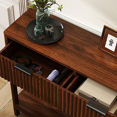 Mid-Century Modern Fluted Console Table with 2 Drawers and Open Shelf, Walnut Finish, 39.3"L