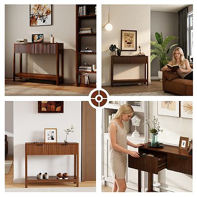 Mid-Century Modern Fluted Console Table with 2 Drawers and Open Shelf, Walnut Finish, 39.3"L