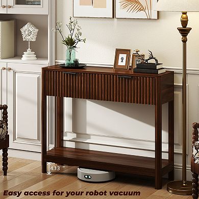 Mid-Century Modern Fluted Console Table with 2 Drawers and Open Shelf, Walnut Finish, 39.3"L