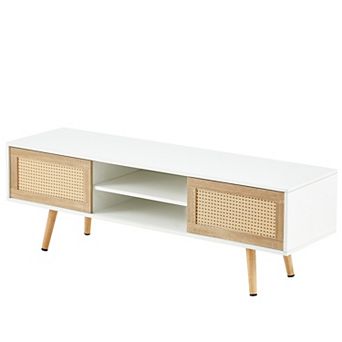 Modern Rattan TV Cabinet with Double Sliding Doors, Adjustable Shelf, White, 55.12 inches,
