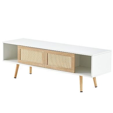 Modern Rattan TV Cabinet with Double Sliding Doors, Adjustable Shelf, White, 55.12 inches,