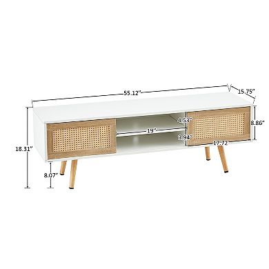 Modern Rattan TV Cabinet with Double Sliding Doors, Adjustable Shelf, White, 55.12 inches,