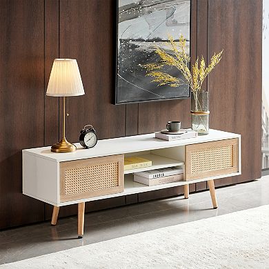Modern Rattan TV Cabinet with Double Sliding Doors, Adjustable Shelf, White, 55.12 inches,