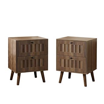 Medieval-Style Modern Double-Drawer Bedside Table 15.75x15.75x22.64 in Walnut Finish, 2-Pack