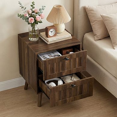 Medieval-Style Modern Double-Drawer Bedside Table 15.75x15.75x22.64in, Walnut Finish, 2-Pack