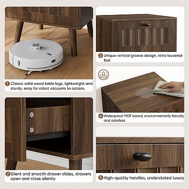 Medieval-Style Modern Double-Drawer Bedside Table 15.75x15.75x22.64in, Walnut Finish, 2-Pack