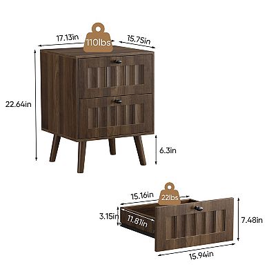 Medieval-Style Modern Double-Drawer Bedside Table 15.75x15.75x22.64in, Walnut Finish, 2-Pack