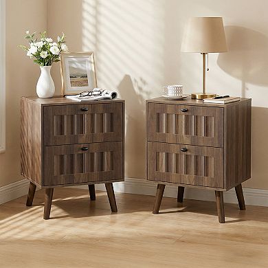 Medieval-Style Modern Double-Drawer Bedside Table 15.75x15.75x22.64in, Walnut Finish, 2-Pack