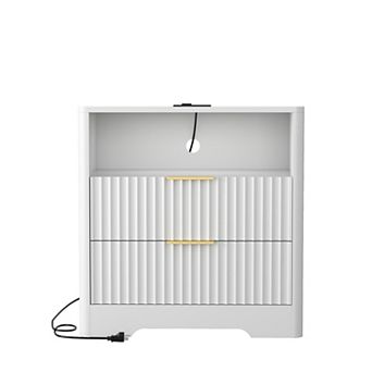 White Nightstand with Charging Station, Voice-Controlled Night Light, 1 AC Outlet & 2 USB Ports