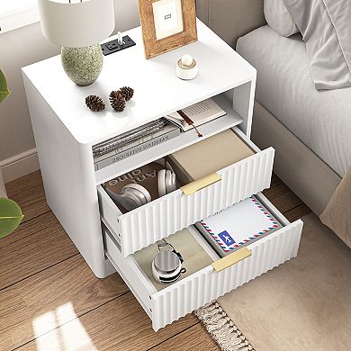 White Nightstand with Charging Station, Voice-Controlled Night Light, 1 AC Outlet & 2 USB Ports