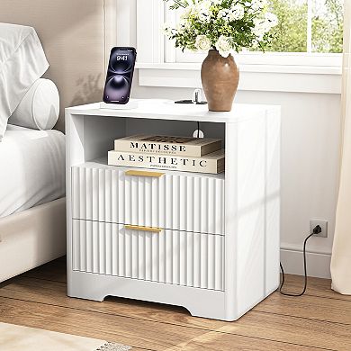 White Nightstand with Charging Station, Voice-Controlled Night Light, 1 AC Outlet & 2 USB Ports