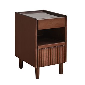 Solid Wood Bedside Table with 1 Drawer and Open Shelves, Narrow Nightstand with Cable Management
