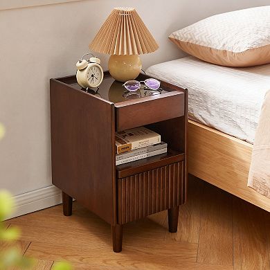 Solid Wood Bedside Table with 1 Drawer and Open Shelves, Narrow Nightstand with Cable Management